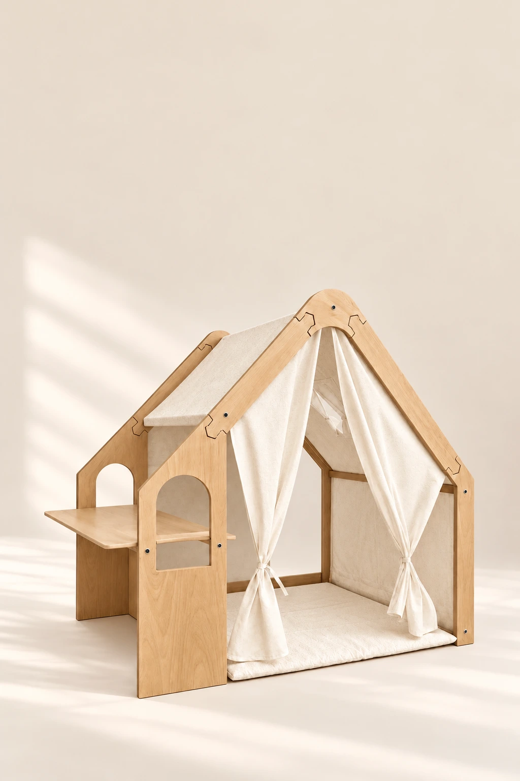 The complete house-shaped wooden frame with curtains, cushion and side shelf