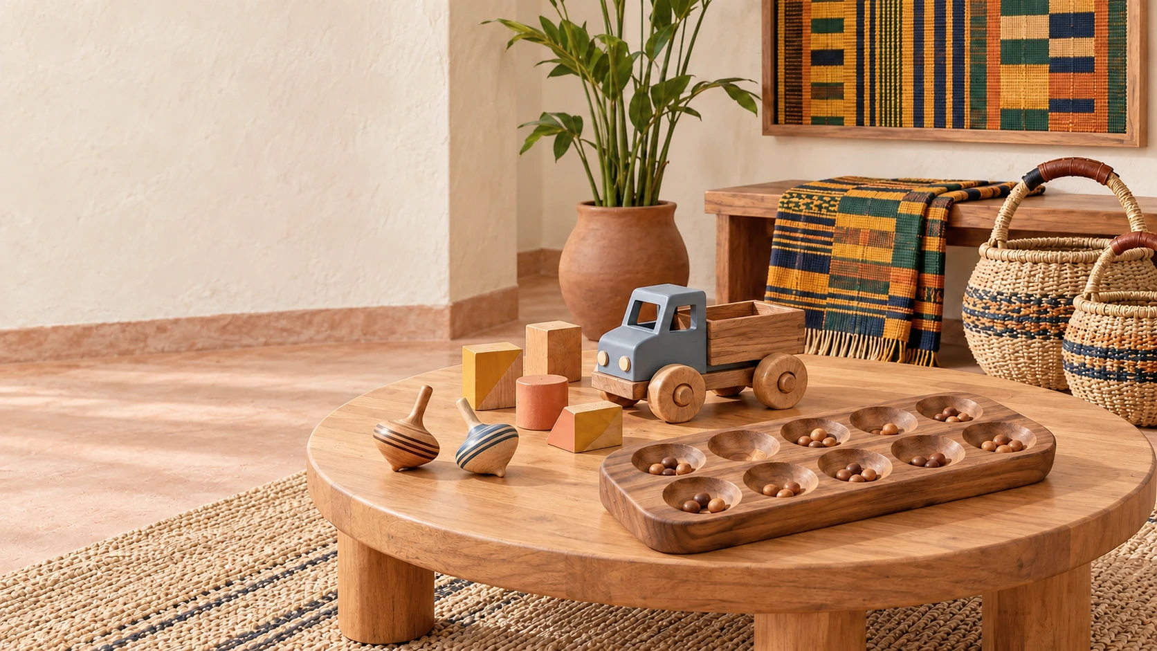 Ghana-inspired wooden play setting with colourful woven textiles, handled baskets, a toy truck and carved game board