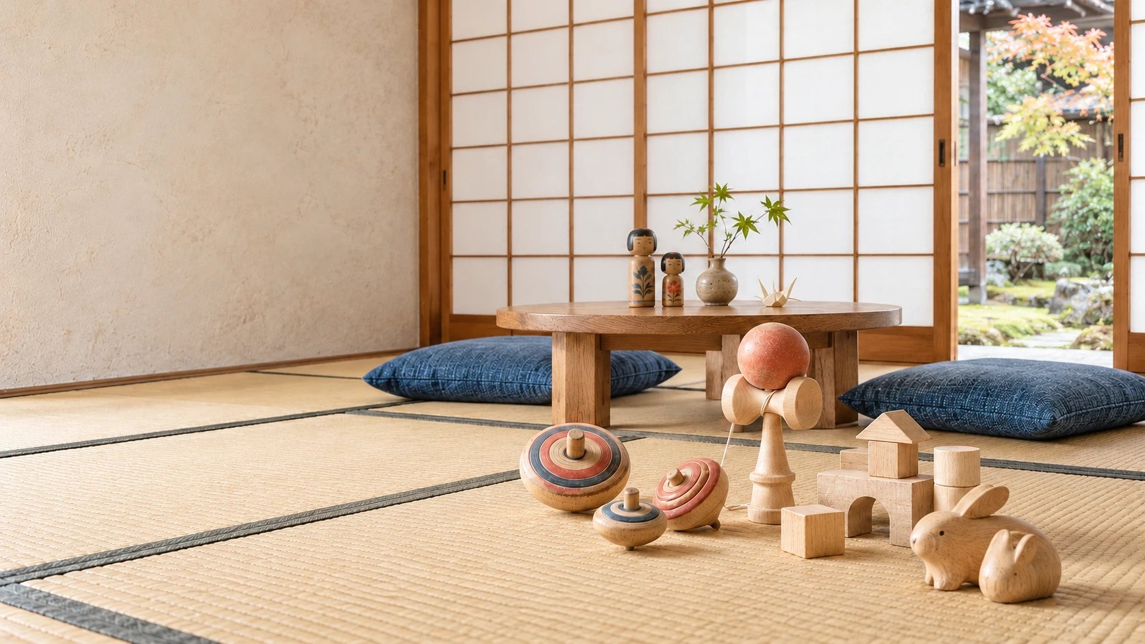 Japanese-inspired play setting with tatami, shoji screens, wooden tops, a kendama and a low table